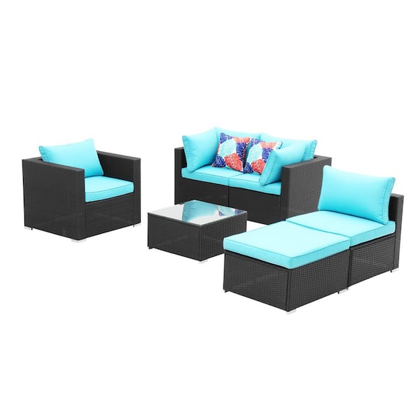 maocao hoom 6-Piece Outdoor Rattan Sofa Leisure Patio Furniture with Blue Cushion