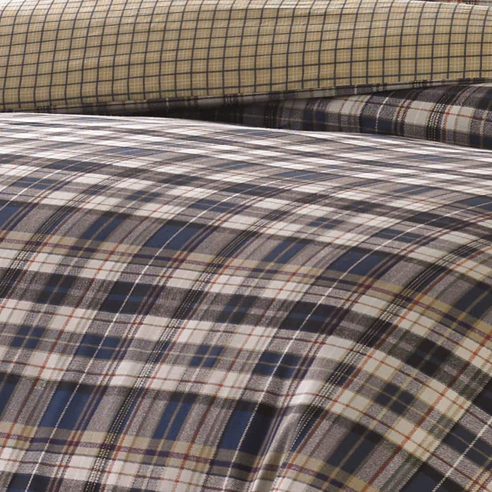 Twin Navy Plaid Cotton Flannel Duvet Cover Set