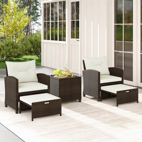 Brown 5-Piece Metal Patio Conversation Set with 2 Ottomans and Tempered Glass Coffee Table and Cushion Off White