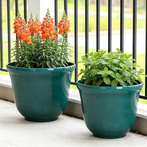 Vigoro Felecia Large Green Teal Resin Round Planter Lightweight (16 in. L x 16 in. W x 16 in. H)(2Pack)