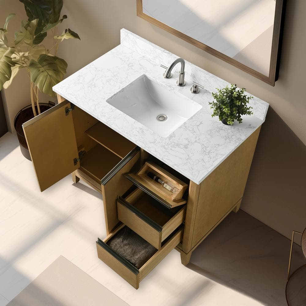 Natural Oak Single Sink Bathroom Vanity with Marble Top