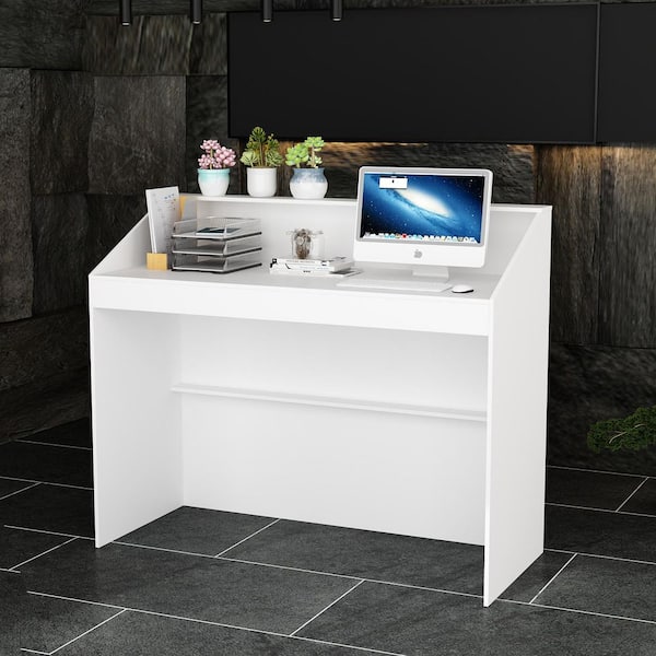 47.2 in. Rectangular White Wood Desk with Cable Management and Privacy Panel for Reception or Office Use