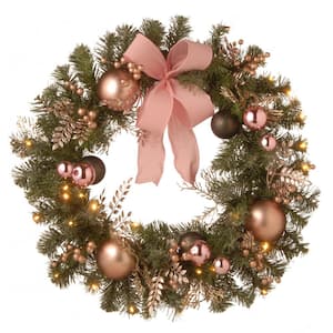 28 in. Artificial Decorated Pine Wreath with Bow, Gold Ornaments, Berries and LED