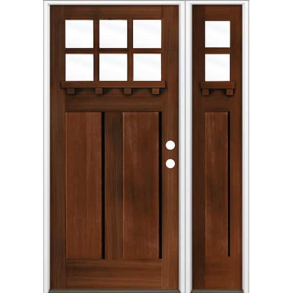 50 in. x 80 in. Craftsman 6-Lite Left-Hand/Inswing Clear Glass Red Mahogany Stain Hemlock Wood Prehung Front Door w/RSL