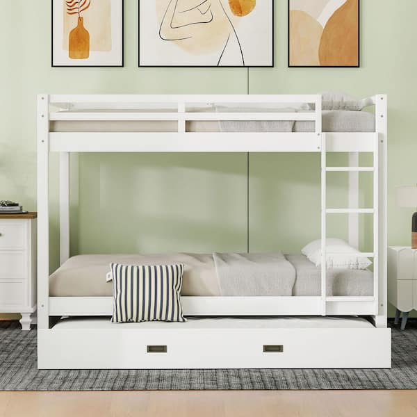 White Queen Over Queen Bunk Bed with Ladder and Trundle
