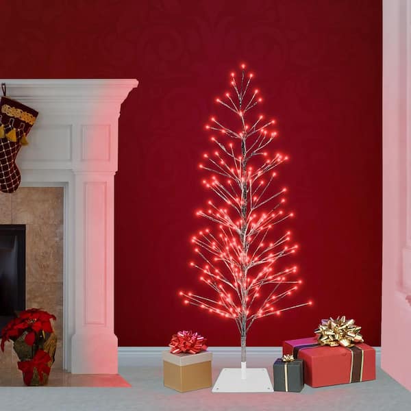 Alpine Corporation Festive Indoor Outdoor Artificial Christmas Tree With Red Led Lights Silver Bys144rd The Home Depot