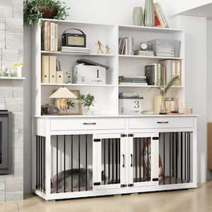 Large Dog Crate Storage Cabinet, Indoor Wooden Heavy Duty Dog Cage Kennel with Wood 6-Shelf Bookcase Bookshelf, White