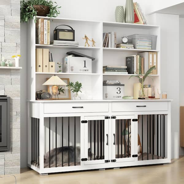 FUFU&GAGA Large Dog Crate Storage Cabinet, Indoor Wooden Heavy Duty Dog Cage Kennel with Wood 6-Shelf Bookcase Bookshelf, White