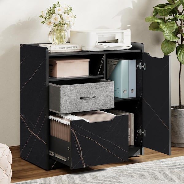 Large Mobile Printer Cabinet with Door, Lockable Casters and 2 Filing  Drawers, Black Marbled 