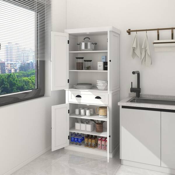 FUNKOL 29.92inx15.75nx71.65in White Field-Character MDF Kitchen Cabinet with 4 Doors, 1 Drawer and 2 Adjustable Shelves