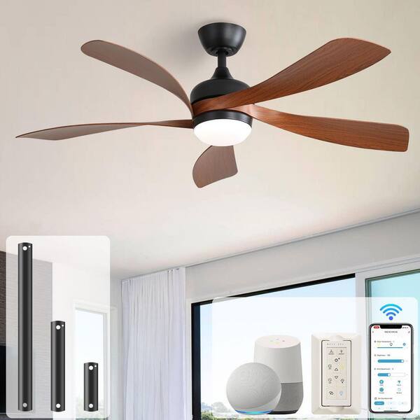 52 in. Smart Indoor/Outdoor Black and Brown Ceiling Fan Integrated LED with Light Kit and Remote/App Control