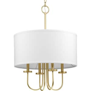 Odella 20 in. 4-Light Vintage Gold Traditional Pendant with White Linen Fabric Shade