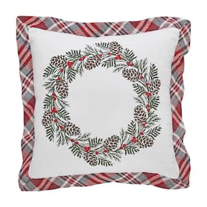 Gregor Red Gray White Plaid 12 in. x 12 in. Wreath Throw Pillow