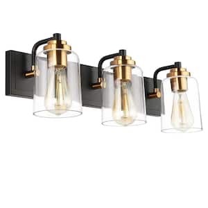 3-Light Matte Black Metal Vanity Light Farmhouse Industrial Wall Sconce with Clear Glass Shade Gold Socket Cups