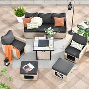 Echo Beige 6-Piece Wicker Outdoor Multi-Functional Patio Conversation Sofa Set with a Fire Pit and Black Cushions