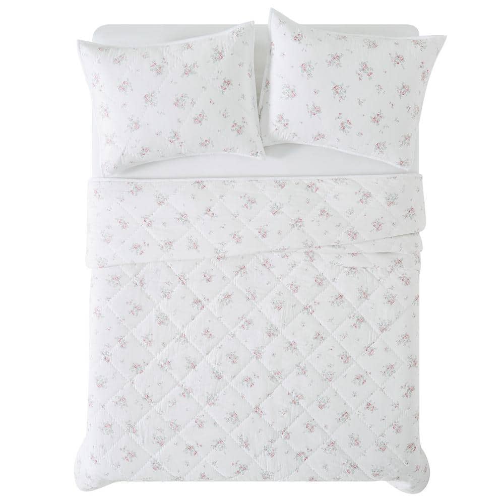 White and Pink Floral Cotton Twin XL Quilt Set