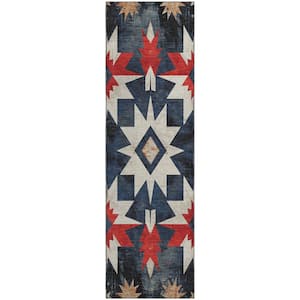 Mayfield Premium Machine Washable Abstract AMF1893 Navy 2 ft. 3 in. x 7 ft. 6 in. Runner Rug