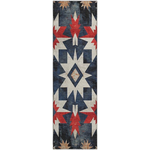 Mayfield Premium Machine Washable Abstract AMF1893 Navy 2 ft. 3 in. x 7 ft. 6 in. Runner Rug