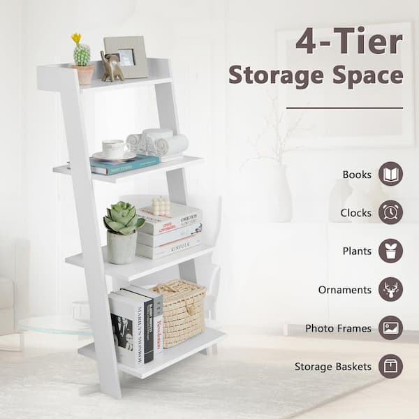 Ballucci 3-Tier Storage Ladder Shelf Bookcase, Wood Leaning Ladder Bookshelf, White