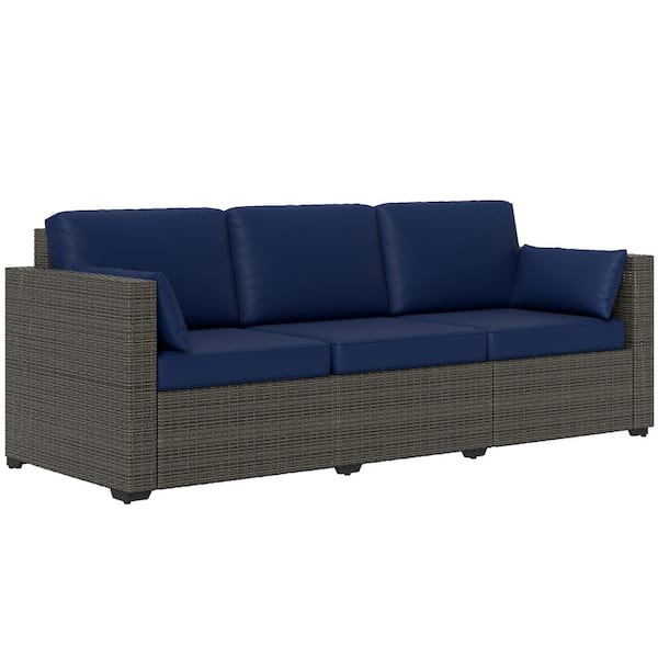 Metal Frame Outdoor Couch with Navy Blue Cushions, PE Ratten Sofa, Seats 3