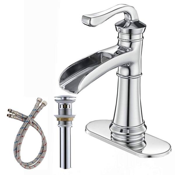 Flg Single Handle Single Hole Waterfall Bathroom Sink Faucet With Pop Up Drain Assembly And