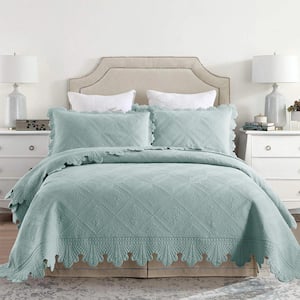 TK112 Aqua Green Floral Queen Size Cotton Oversized Bedspread Set Coverlet Set Lightweight Quilt Set