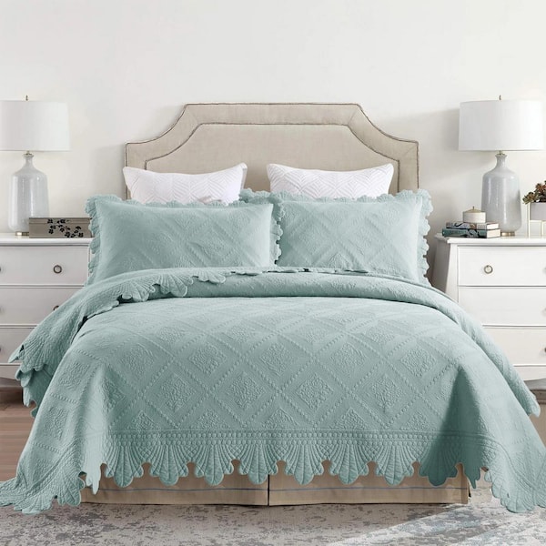 TK112 Aqua Green Floral Queen Size Cotton Oversized Bedspread Set Coverlet Set Lightweight Quilt Set