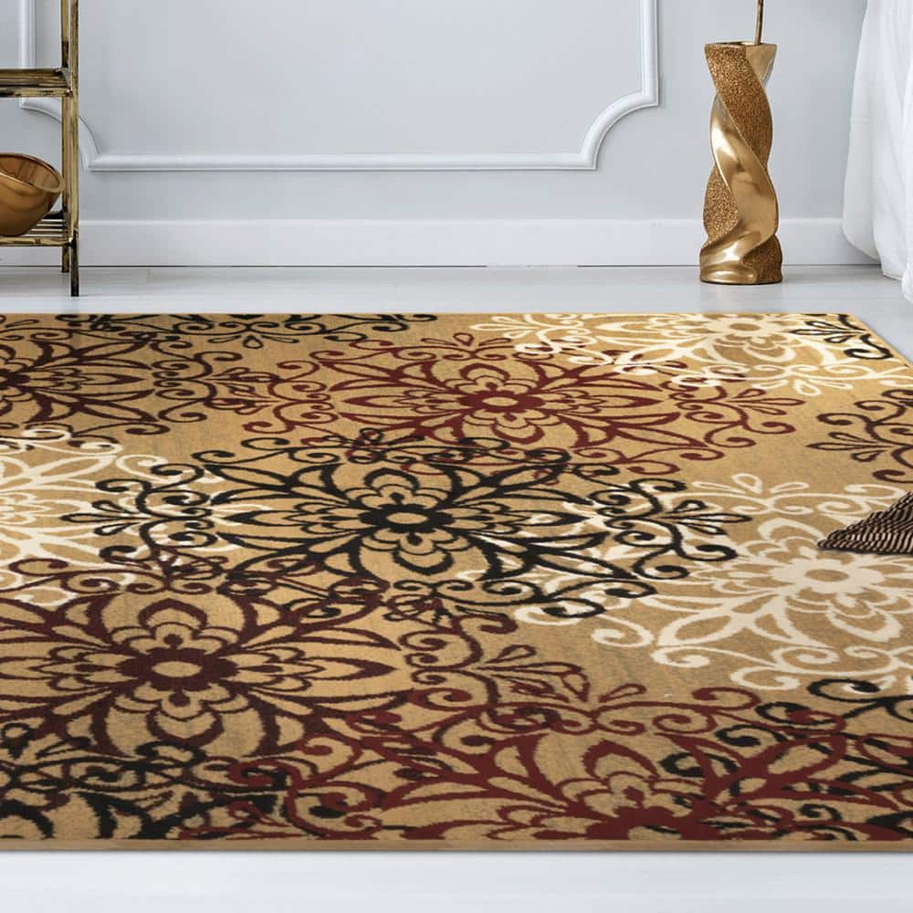 Elegant Gold Floral Medallion 4' x 6' Polypropylene Area Rug