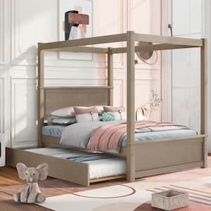 79.50 in. W Brushed Light Brown Wood Frame Full Size Canopy Platform Bed with Trundle Bed .No Box Spring Needed