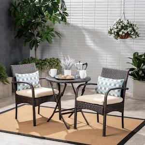 3-Piece Brown Wicker Outdoor Dining Set with Beige Cushion