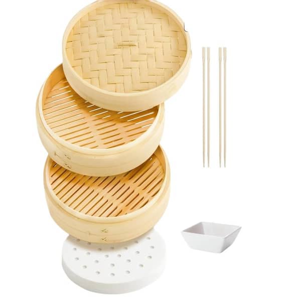 10 in. Bamboo Steamer Basket Multi-Pots with 50 Liners for Steaming Asian Food, Bao Buns, Dumpling, Rice, and Vegetables