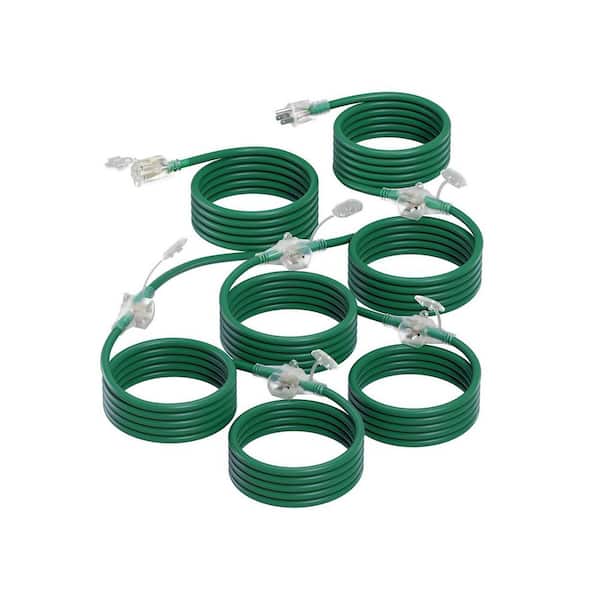 50ft 16/3 SJTW Weatherproof Outdoor Indoor Extension Cord with 6 Evenly Spaced Outlets Lighted End Indicator Green