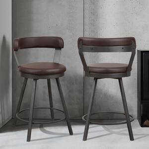 Avignon 25 in. Dark Gray Metal Swivel Counter Height Chair with Brown Faux Leather Seat (Set of 2)
