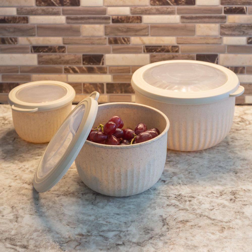 Beige Nesting Mixing Bowls Set with Lids, 3-Piece