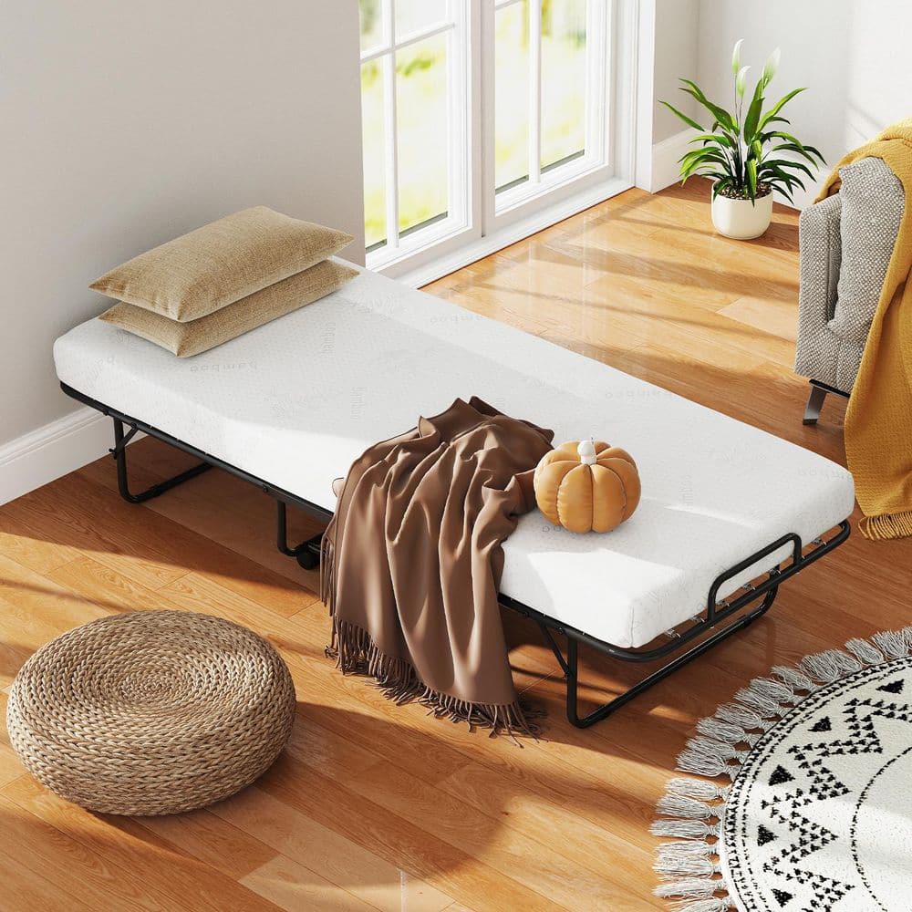 White Twin Rollaway Bed with Memory Foam Mattress Cot Guest Made in Italy Folding - thumbnail 6