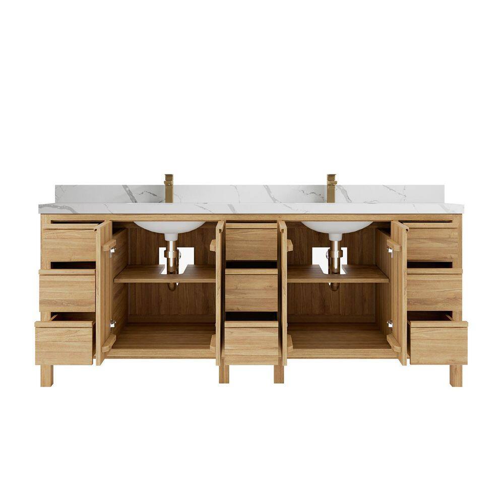 Elizabeth 84" Light Brown Teak Double Sink Bathroom Vanity with Calacatta Quartz Top