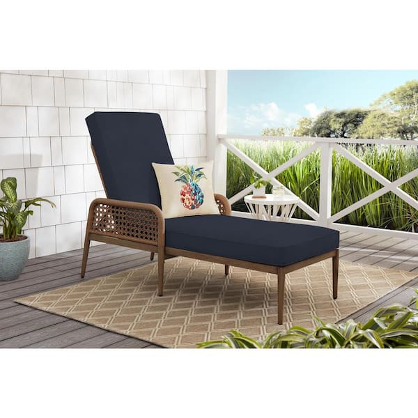 Hampton Bay Coral Vista Brown Wicker Outdoor Patio Chaise Lounge with CushionGuard Midnight Navy Blue Cushions