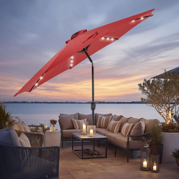 FIRNEWST 10ft Solar Polyester 32 LED Lighted Patio Umbrella with Tilt Adjustment and UV-Resistant Fabric in Red