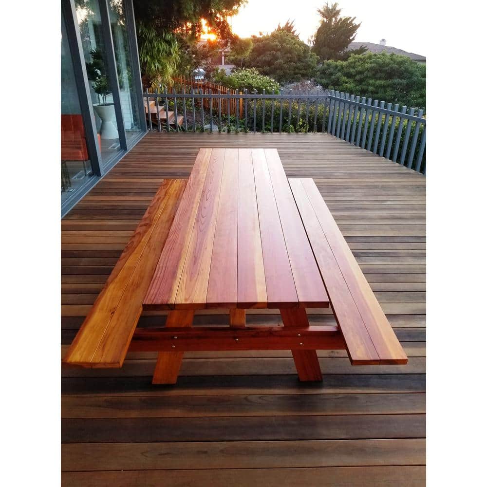 96" Medium Brown Redwood Picnic Table with Attached Benches