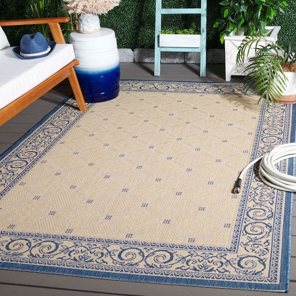 Courtyard Natural/Blue Doormat 2 ft. x 4 ft. Border Indoor/Outdoor Patio Area Rug