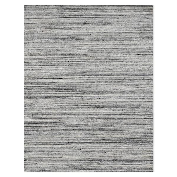 12 ft. x 15 ft. Ivory Gray and Black Wool Striped Hand Woven Area Rug