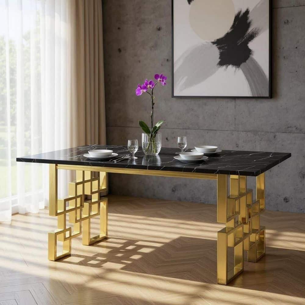 Black, Gold Stone 78.70 in. Double Pedestal Base Dining Table Seats 8 price history on PriceWatchPro