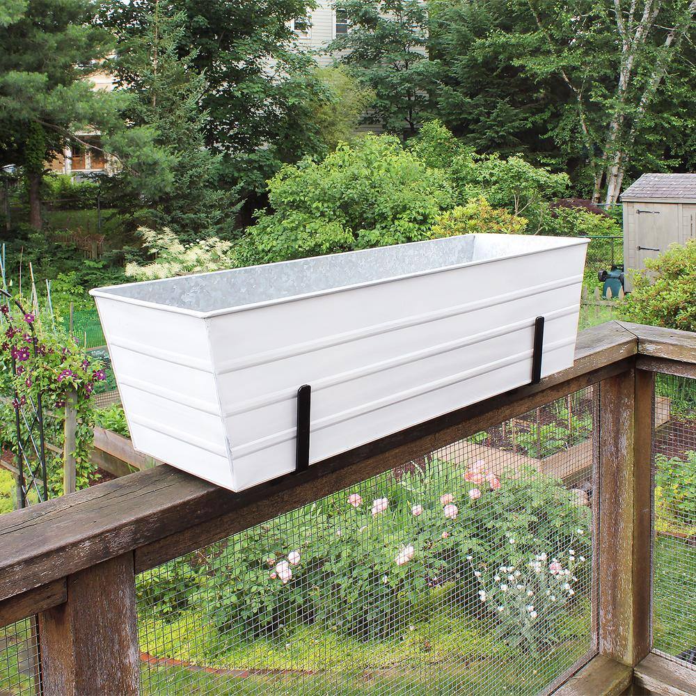 Large White Galvanized Steel Flower Box Planter with Brackets