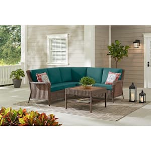 Cambridge 4-Piece Brown Wicker Outdoor Patio Sectional Sofa and Table with CushionGuard Malachite Green Cushions