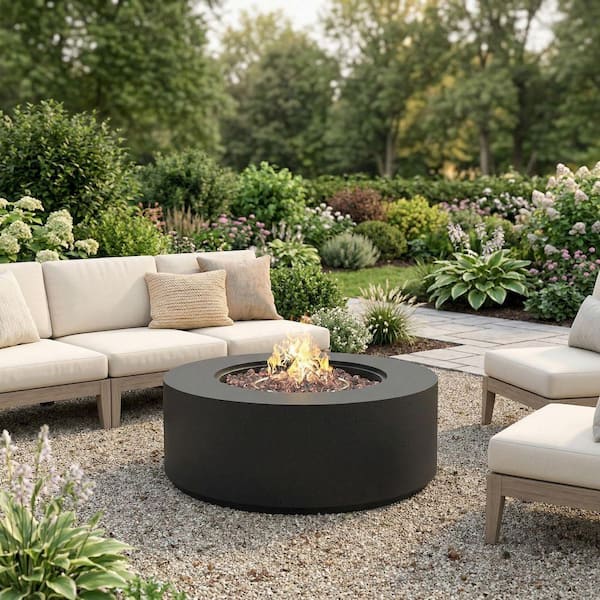 Black MGO Propane Outdoor Fire Pit Table with Faux Stone Finish, 50000 BTU, Steel Burner, Waterproof Cover for Patio