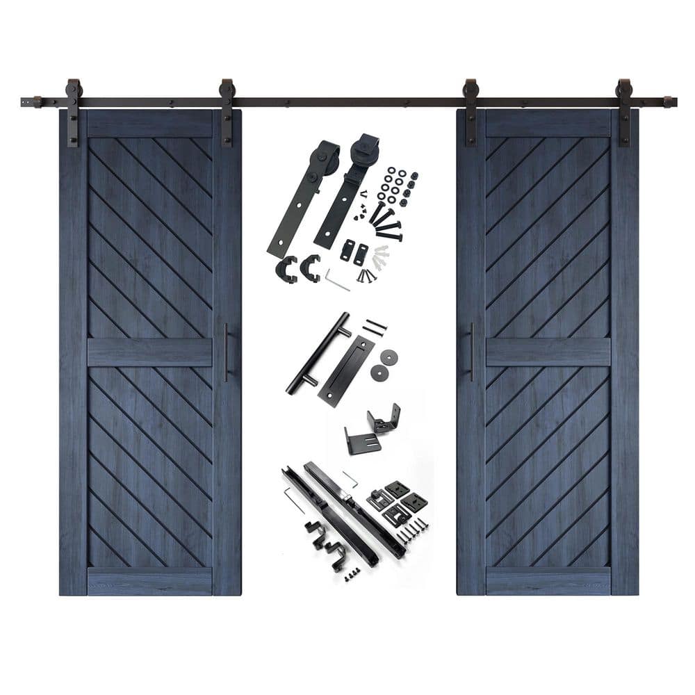 XT2 30 in. x 80 in. C-Panel Navy Slanted Stripe Design Double Pine Wood Sliding Barn Door with Hardware Kit price history on PriceWatchPro