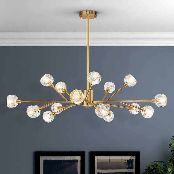 RRTYO Higginsville 15-Light Farmhouse Gold Sputnik Sphere Linear Pendant Chandelier with Crystal Shade