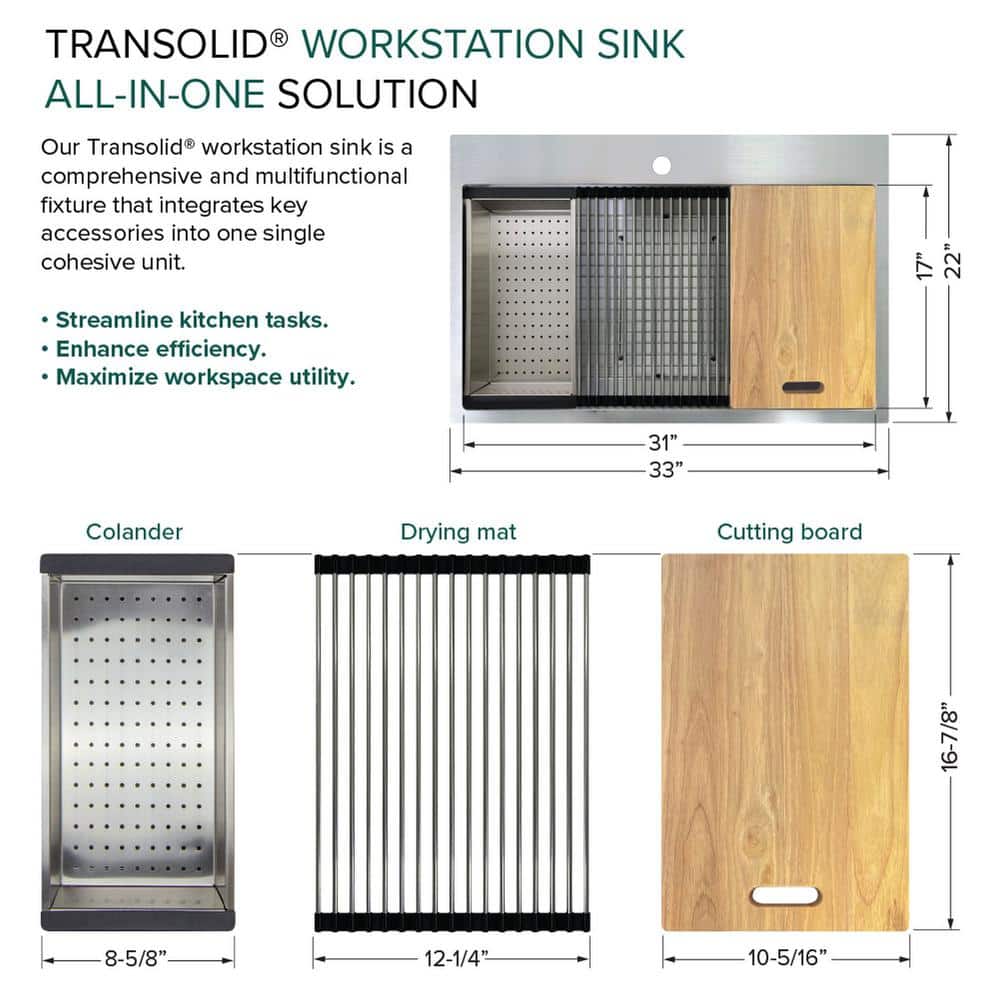 33-Inch Brushed Stainless Steel Kitchen Workstation Sink