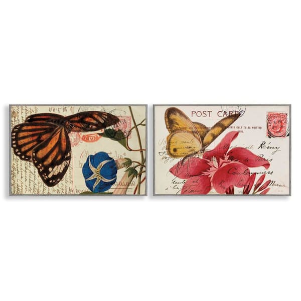 Stupell Industries Butterfly Accented Postcards by Deborah Revell 2-Pieces Gray Framed Animal Giclee Art Print 16 in. x 24 in.