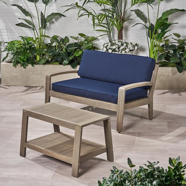 Noble House Grenada Grey Finished 2-Piece Wood Outdoor Patio Conversation Set with Sunbrella Navy Blue Cushions